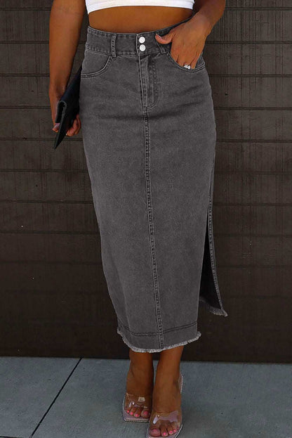 Black Raw Edge Side Slits Buttoned Midi Denim Skirt - Vesteeto