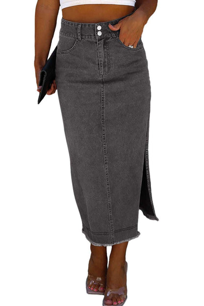 Black Raw Edge Side Slits Buttoned Midi Denim Skirt - Vesteeto