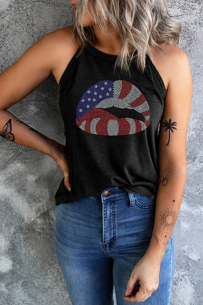 Black Rhinestone American Flag Lip Shape Graphic Tank Top - Vesteeto