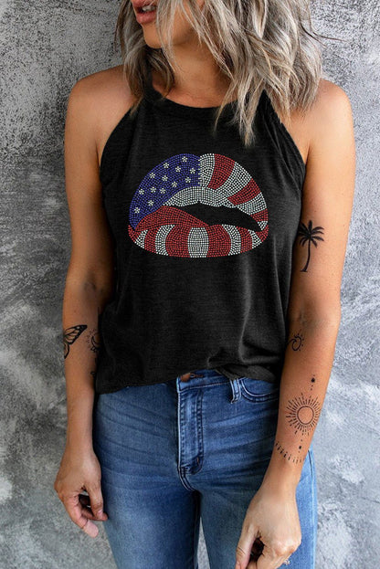 Black Rhinestone American Flag Lip Shape Graphic Tank Top - Vesteeto