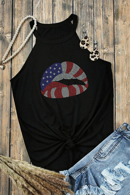 Black Rhinestone American Flag Lip Shape Graphic Tank Top - Vesteeto