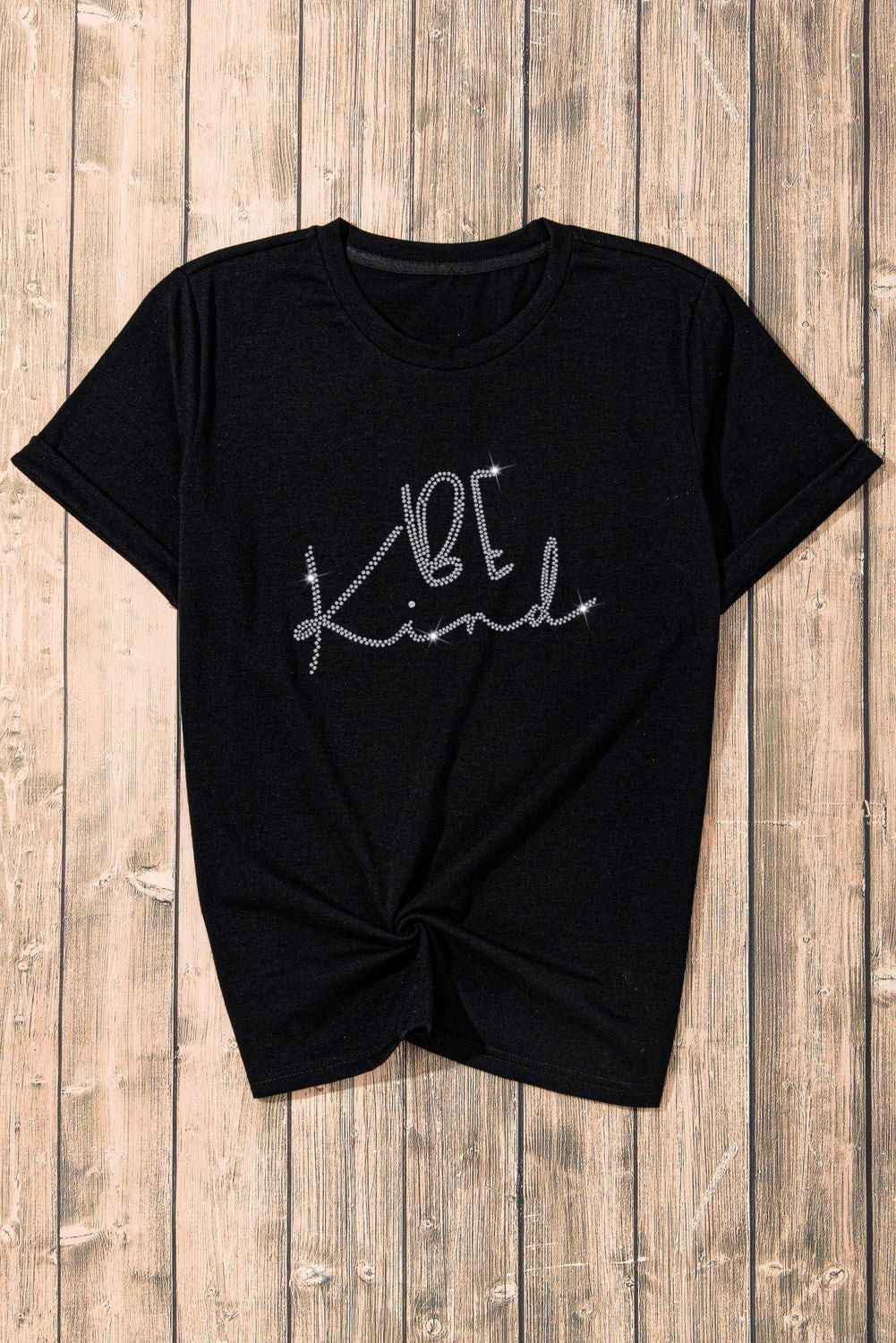 Black Rhinestone Be Kind Graphic T Shirt - Vesteeto