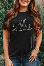 Black Rhinestone Be Kind Graphic T Shirt - Vesteeto