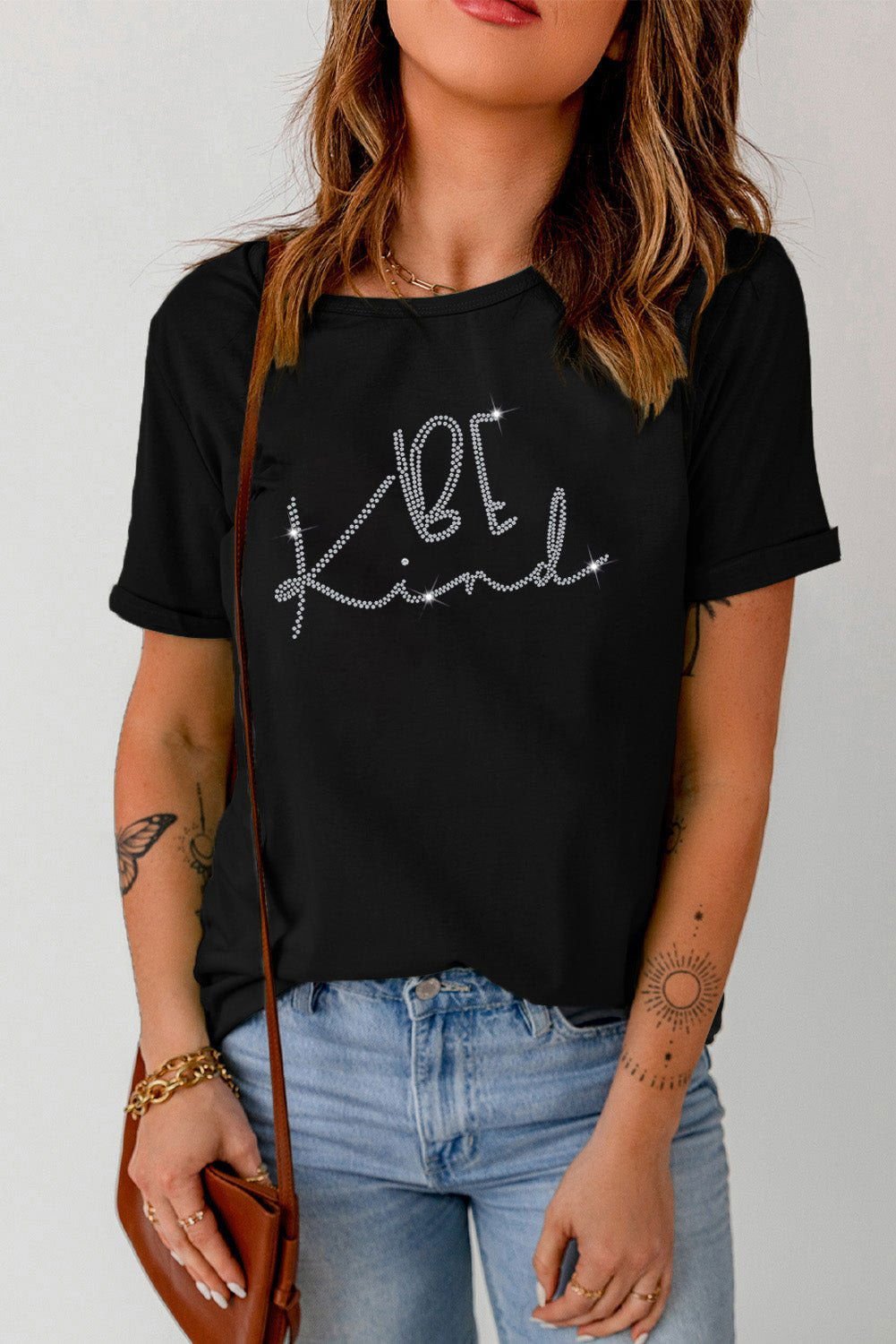 Black Rhinestone Be Kind Graphic T Shirt - Vesteeto