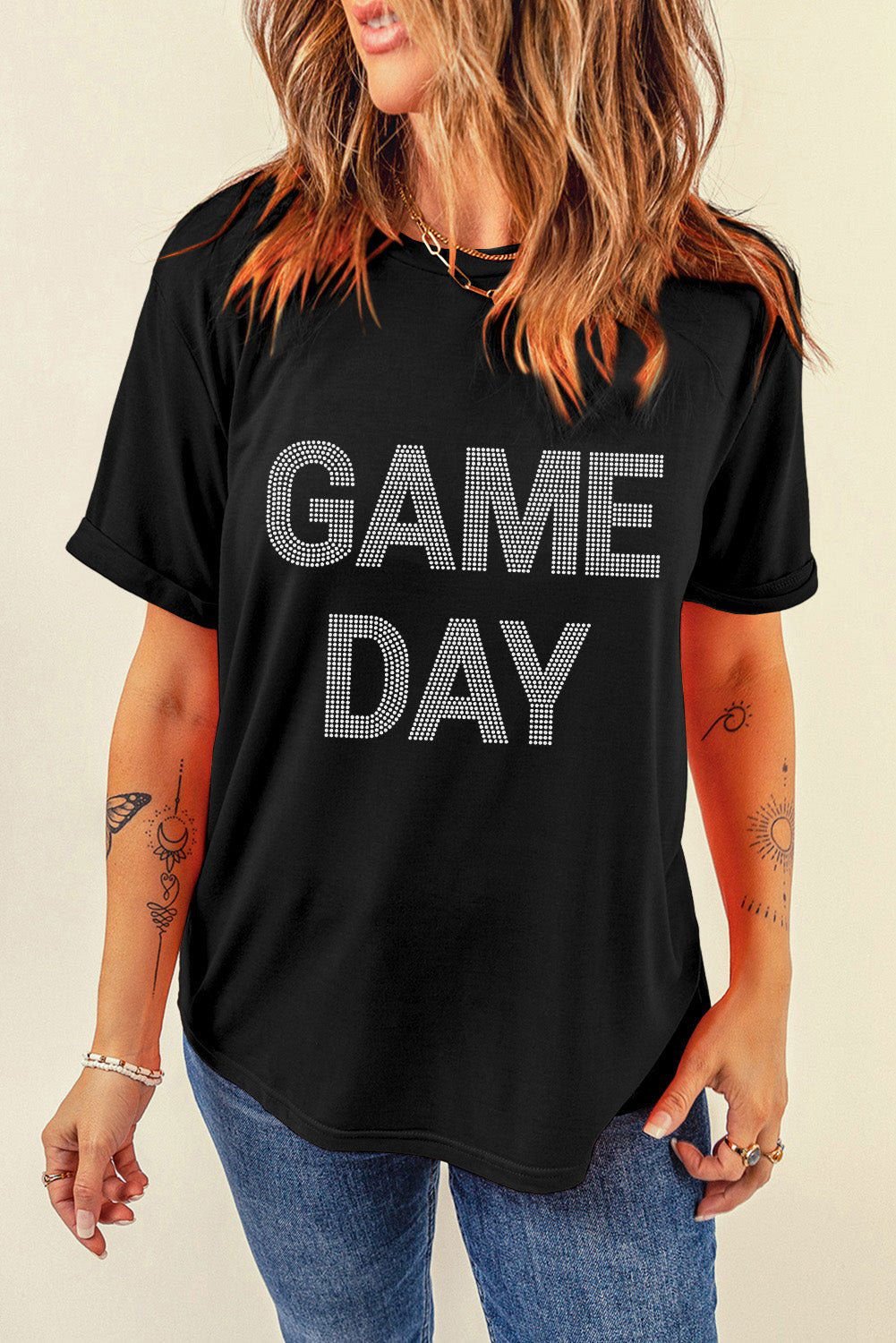 Black Rhinestone GAME DAY Graphic T Shirt - Vesteeto