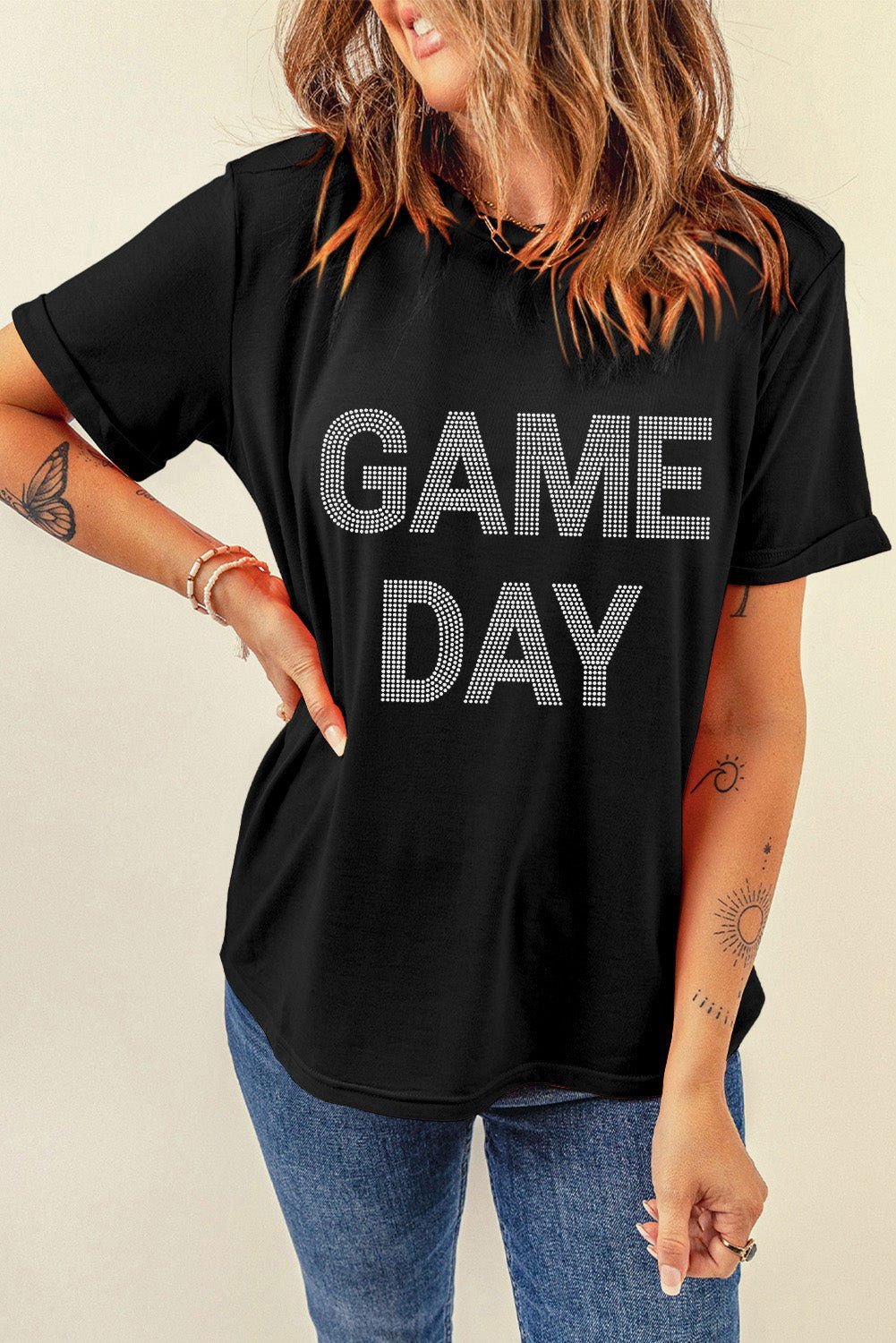 Black Rhinestone GAME DAY Graphic T Shirt - Vesteeto