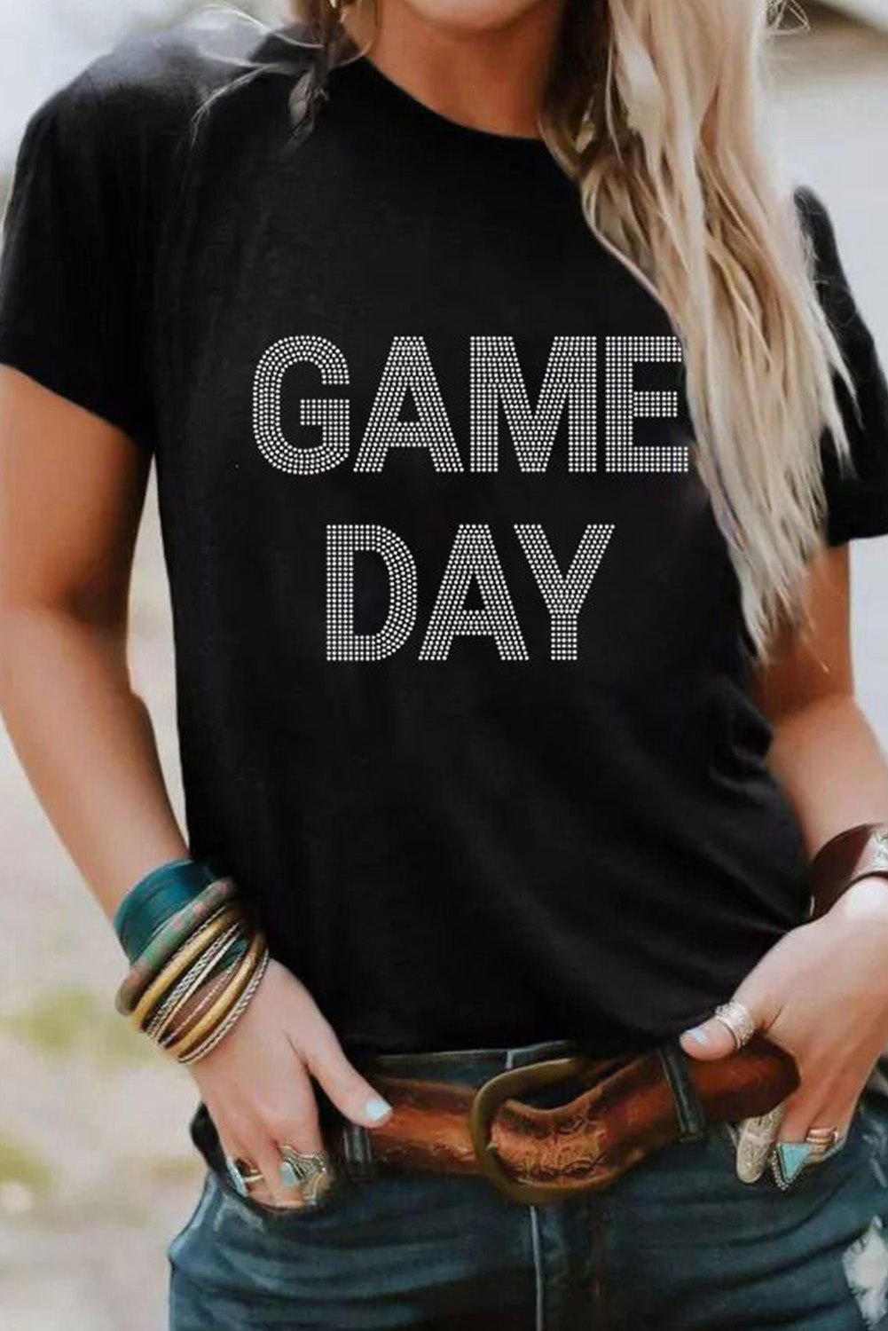 Black Rhinestone GAME DAY Graphic T Shirt - Vesteeto