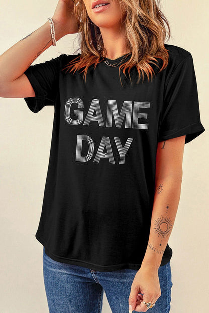 Black Rhinestone GAME DAY Graphic T Shirt - Vesteeto