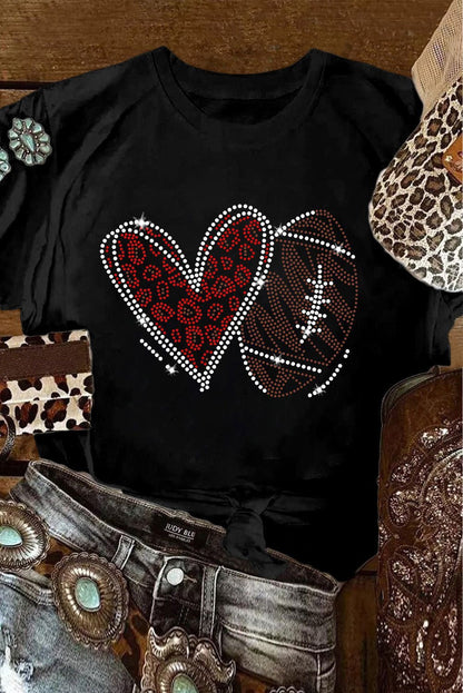 Black Rhinestone Rugby Heart Shape Graphic Crewneck T Shirt - Vesteeto