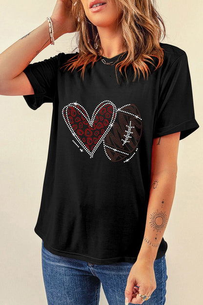 Black Rhinestone Rugby Heart Shape Graphic Crewneck T Shirt - Vesteeto