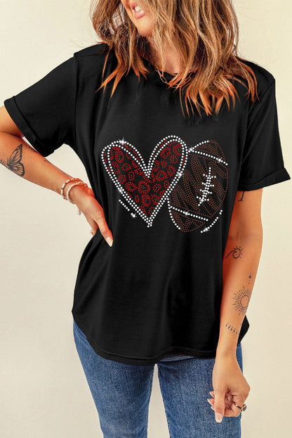 Black Rhinestone Rugby Heart Shape Graphic Crewneck T Shirt - Vesteeto