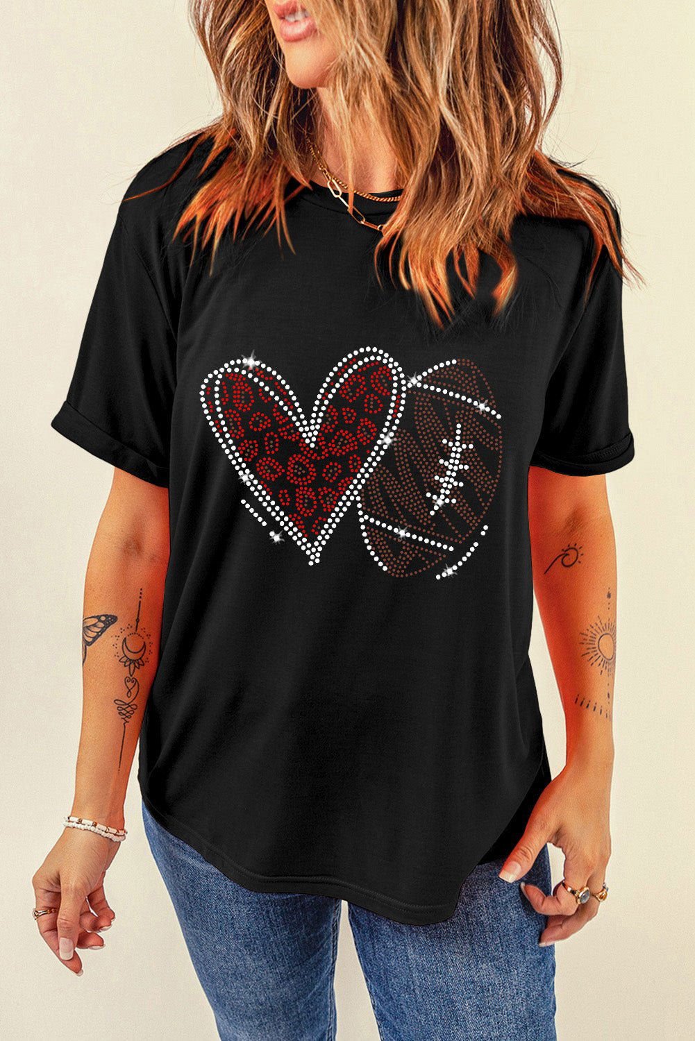 Black Rhinestone Rugby Heart Shape Graphic Crewneck T Shirt - Vesteeto