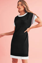 Black Ribbed Colorblock Patched Pocket T Shirt Dress - Vesteeto