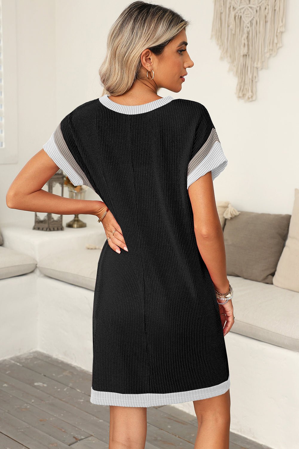 Black Ribbed Colorblock Patched Pocket T Shirt Dress - Vesteeto