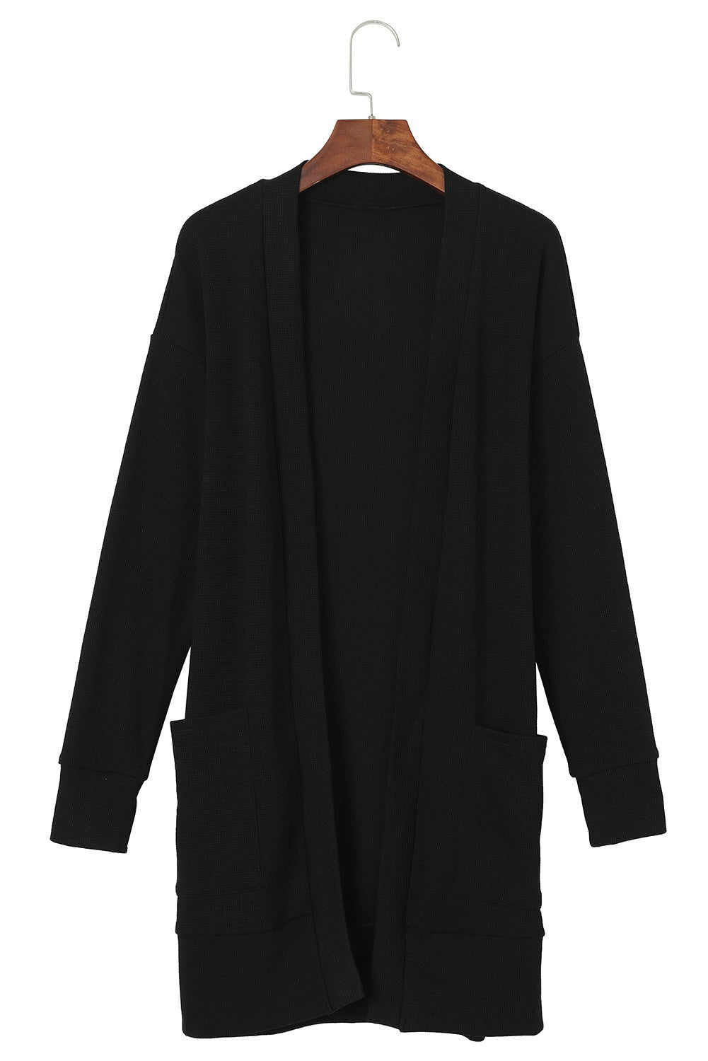 Black Ribbed Knit Pocketed Open Front Long Cardigan - Vesteeto