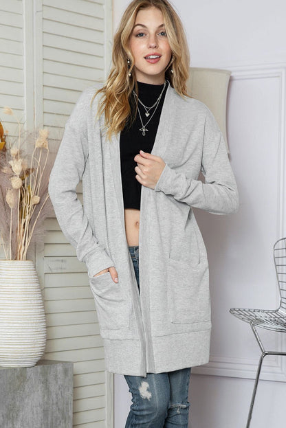 Black Ribbed Knit Pocketed Open Front Long Cardigan - Vesteeto