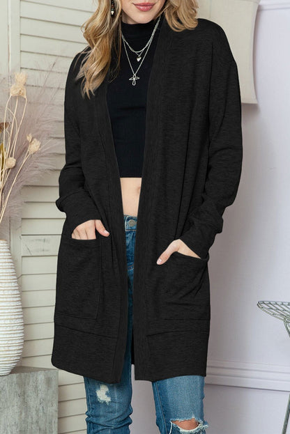 Black Ribbed Knit Pocketed Open Front Long Cardigan - Vesteeto