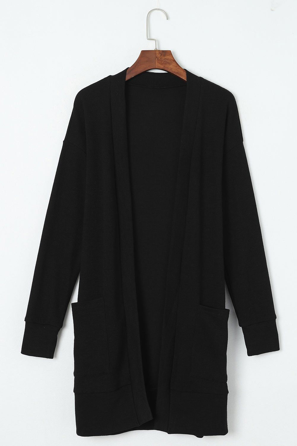 Black Ribbed Knit Pocketed Open Front Long Cardigan - Vesteeto