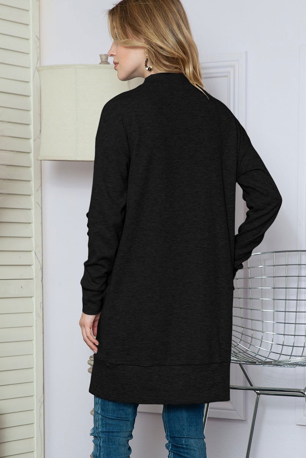 Black Ribbed Knit Pocketed Open Front Long Cardigan - Vesteeto