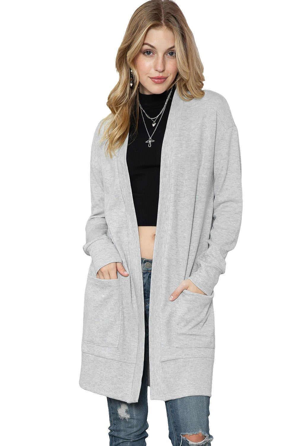 Black Ribbed Knit Pocketed Open Front Long Cardigan - Vesteeto