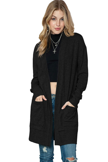 Black Ribbed Knit Pocketed Open Front Long Cardigan - Vesteeto