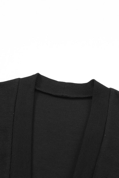 Black Ribbed Knit Pocketed Open Front Long Cardigan - Vesteeto