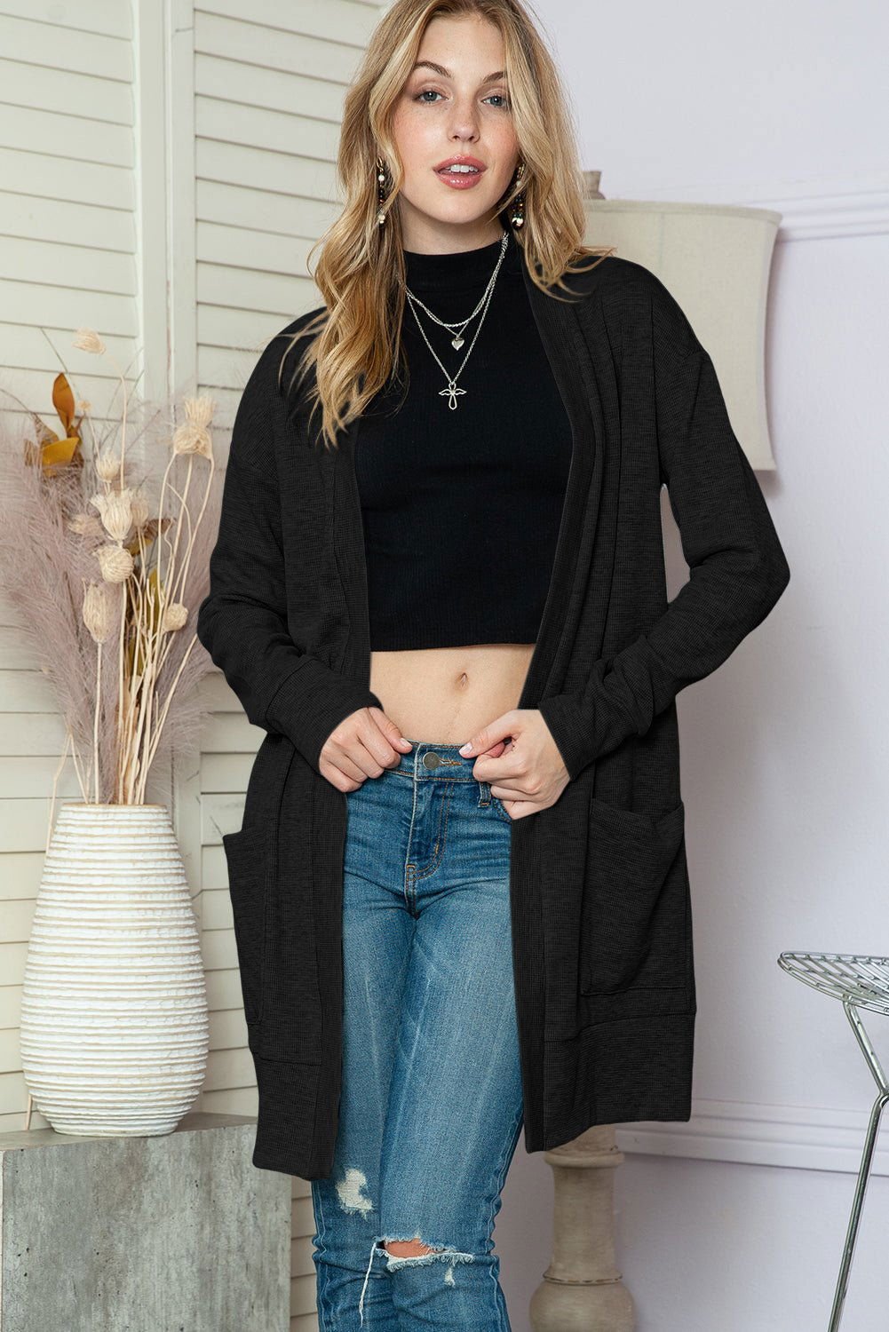 Black Ribbed Knit Pocketed Open Front Long Cardigan - Vesteeto