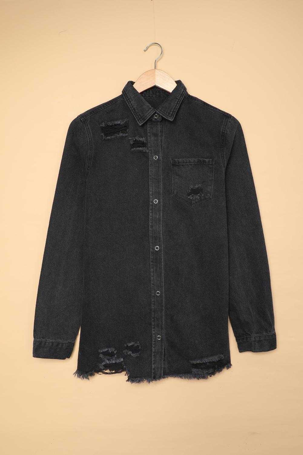 Black Ripped Raw Hem Button Up Denim Shacket - Vesteeto