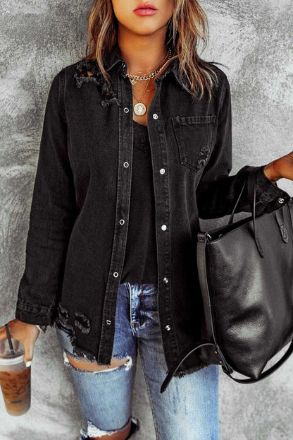 Black Ripped Raw Hem Button Up Denim Shacket - Vesteeto