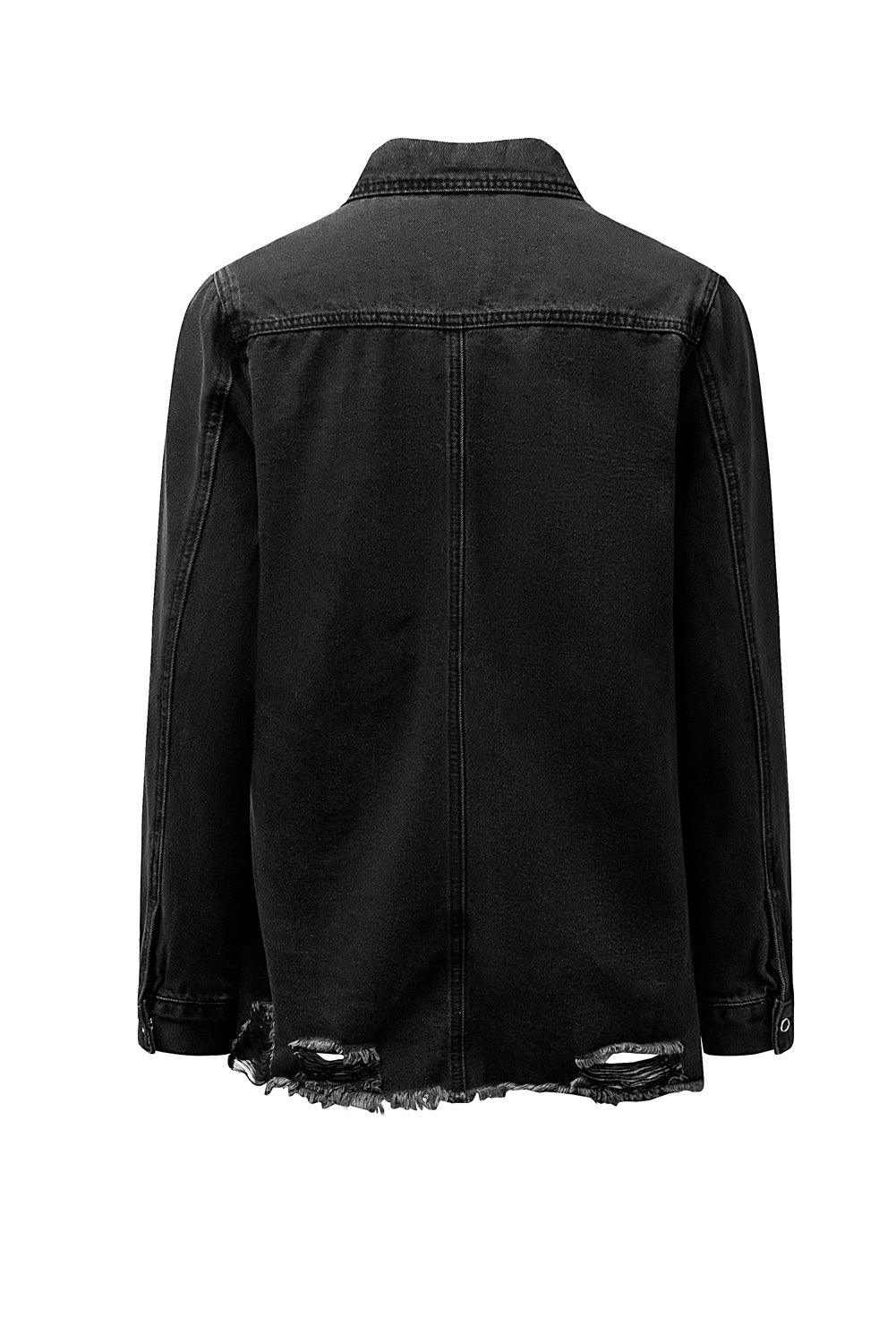 Black Ripped Raw Hem Button Up Denim Shacket - Vesteeto