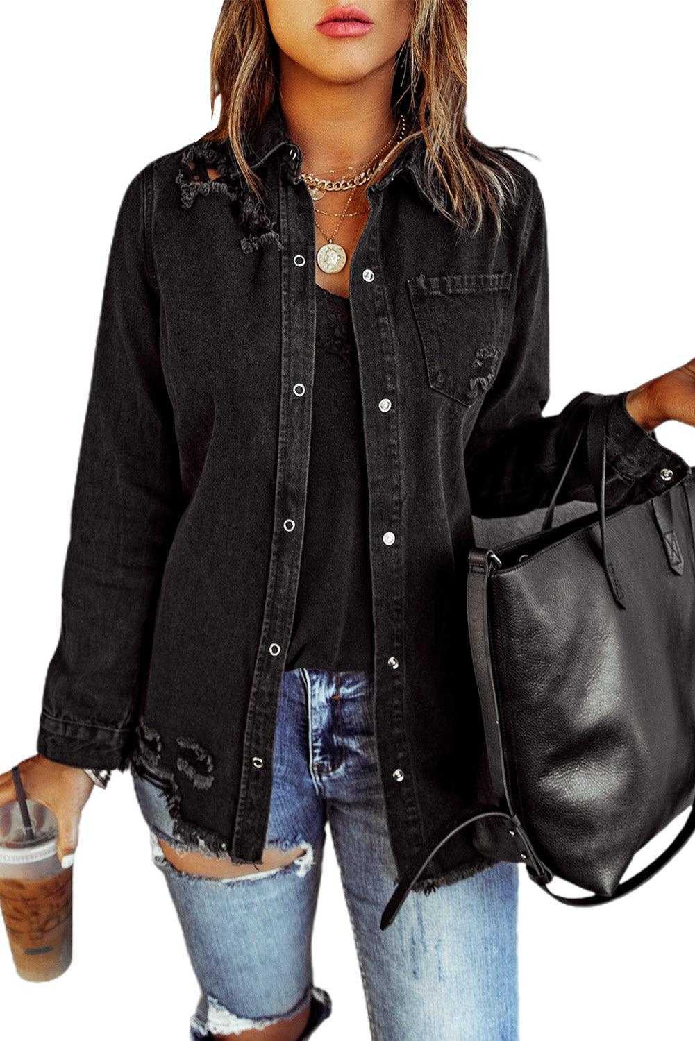 Black Ripped Raw Hem Button Up Denim Shacket - Vesteeto