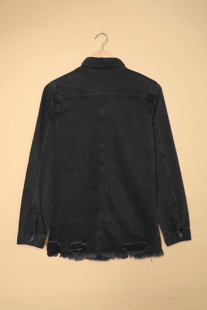 Black Ripped Raw Hem Button Up Denim Shacket - Vesteeto