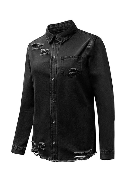 Black Ripped Raw Hem Button Up Denim Shacket - Vesteeto