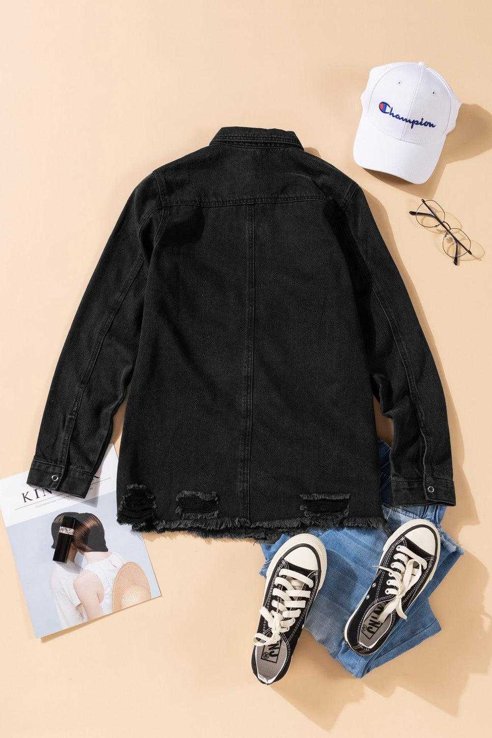 Black Ripped Raw Hem Button Up Denim Shacket - Vesteeto