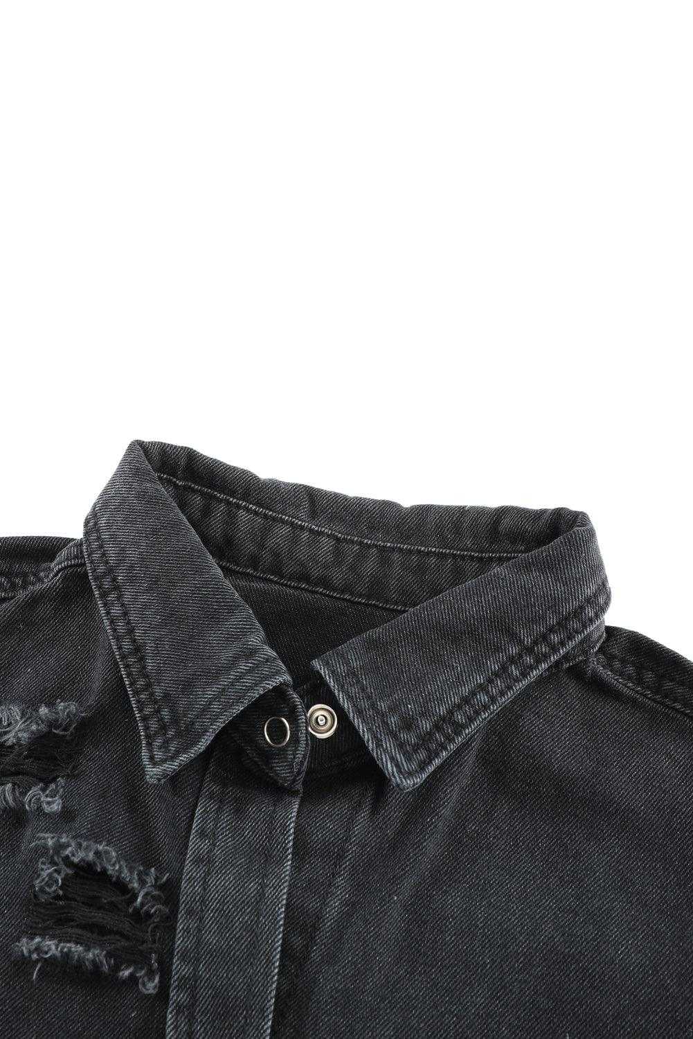 Black Ripped Raw Hem Button Up Denim Shacket - Vesteeto