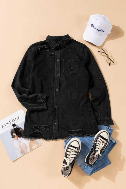 Black Ripped Raw Hem Button Up Denim Shacket - Vesteeto