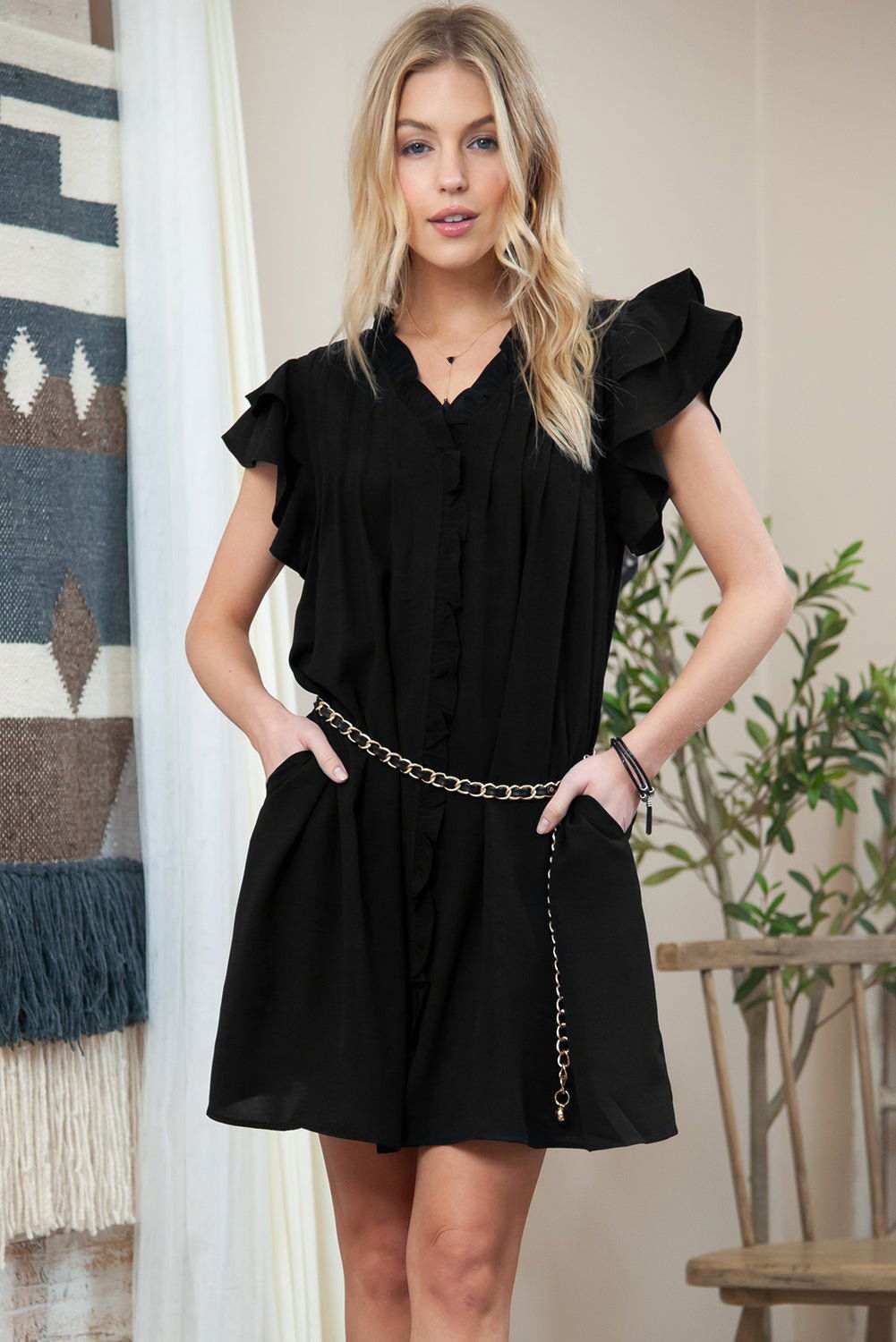 Black Ruffle Sleeve V Neck Frilled Shift Dress - Cute Sexy Chic Style - Vesteeto