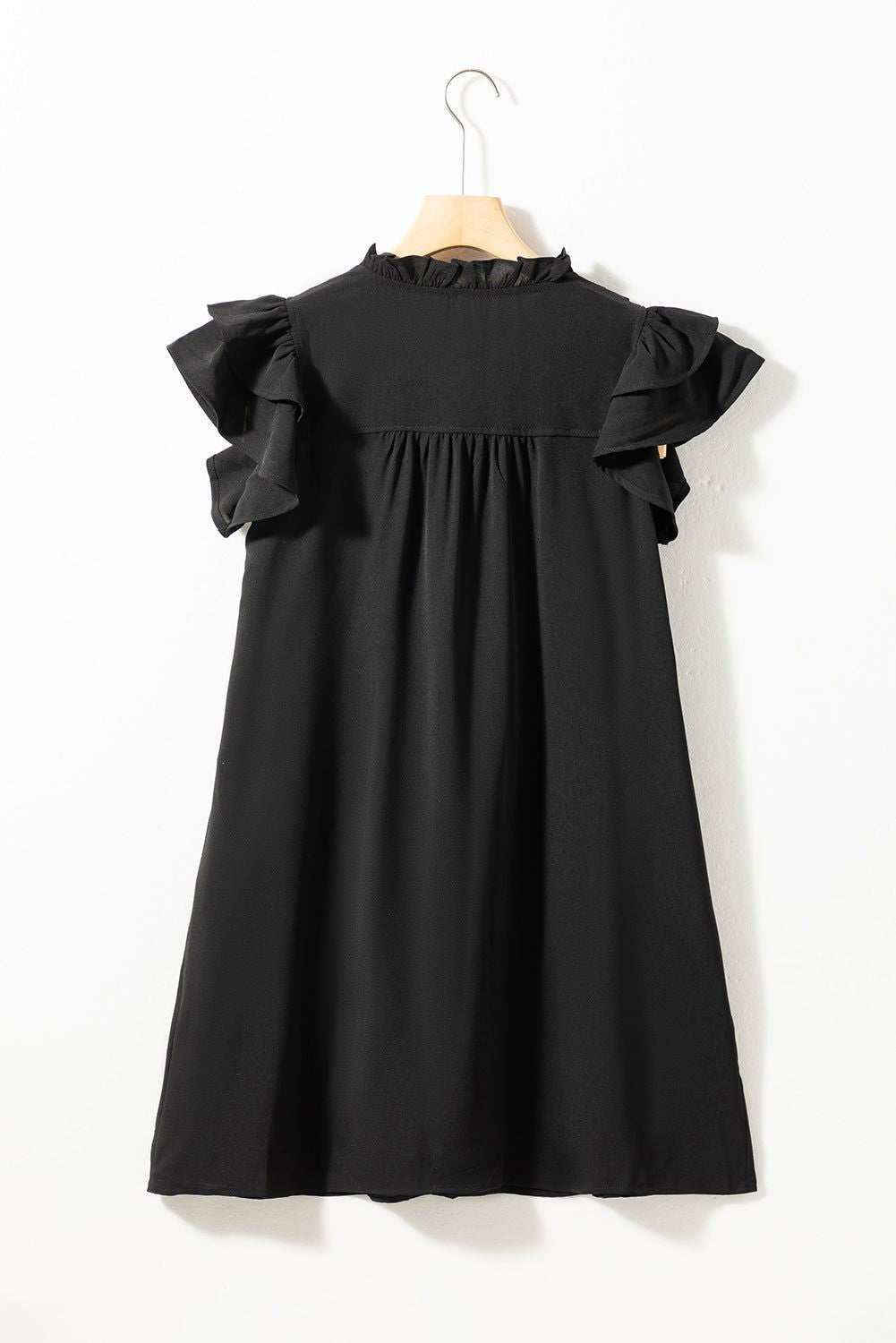 Black Ruffle Sleeve V Neck Frilled Shift Dress - Cute Sexy Chic Style - Vesteeto