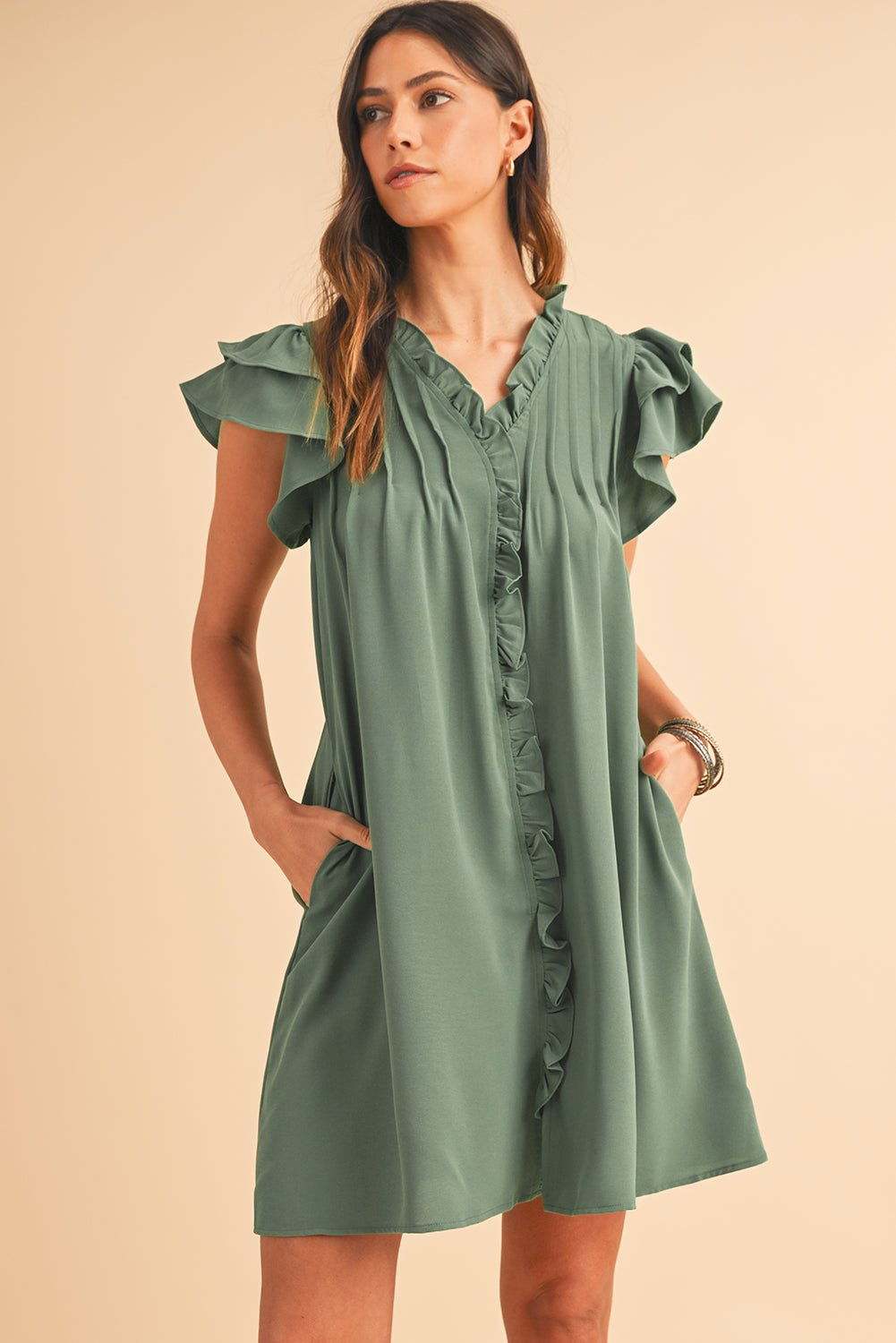 Black Ruffle Sleeve V Neck Frilled Shift Dress - Cute Sexy Chic Style - Vesteeto