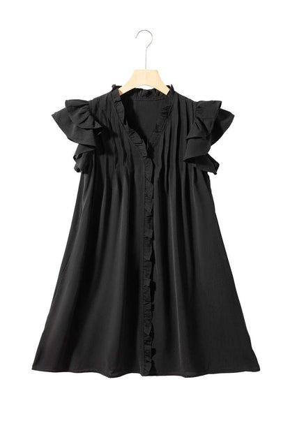 Black Ruffle Sleeve V Neck Frilled Shift Dress - Cute Sexy Chic Style - Vesteeto