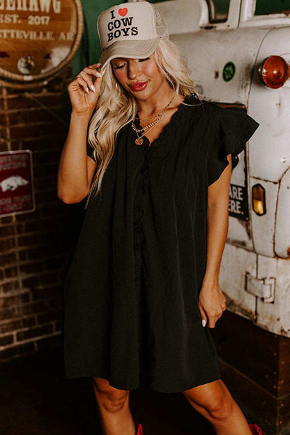 Black Ruffle Sleeve V Neck Frilled Shift Dress - Cute Sexy Chic Style - Vesteeto