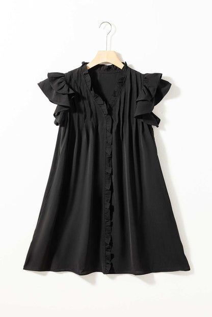 Black Ruffle Sleeve V Neck Frilled Shift Dress - Cute Sexy Chic Style - Vesteeto