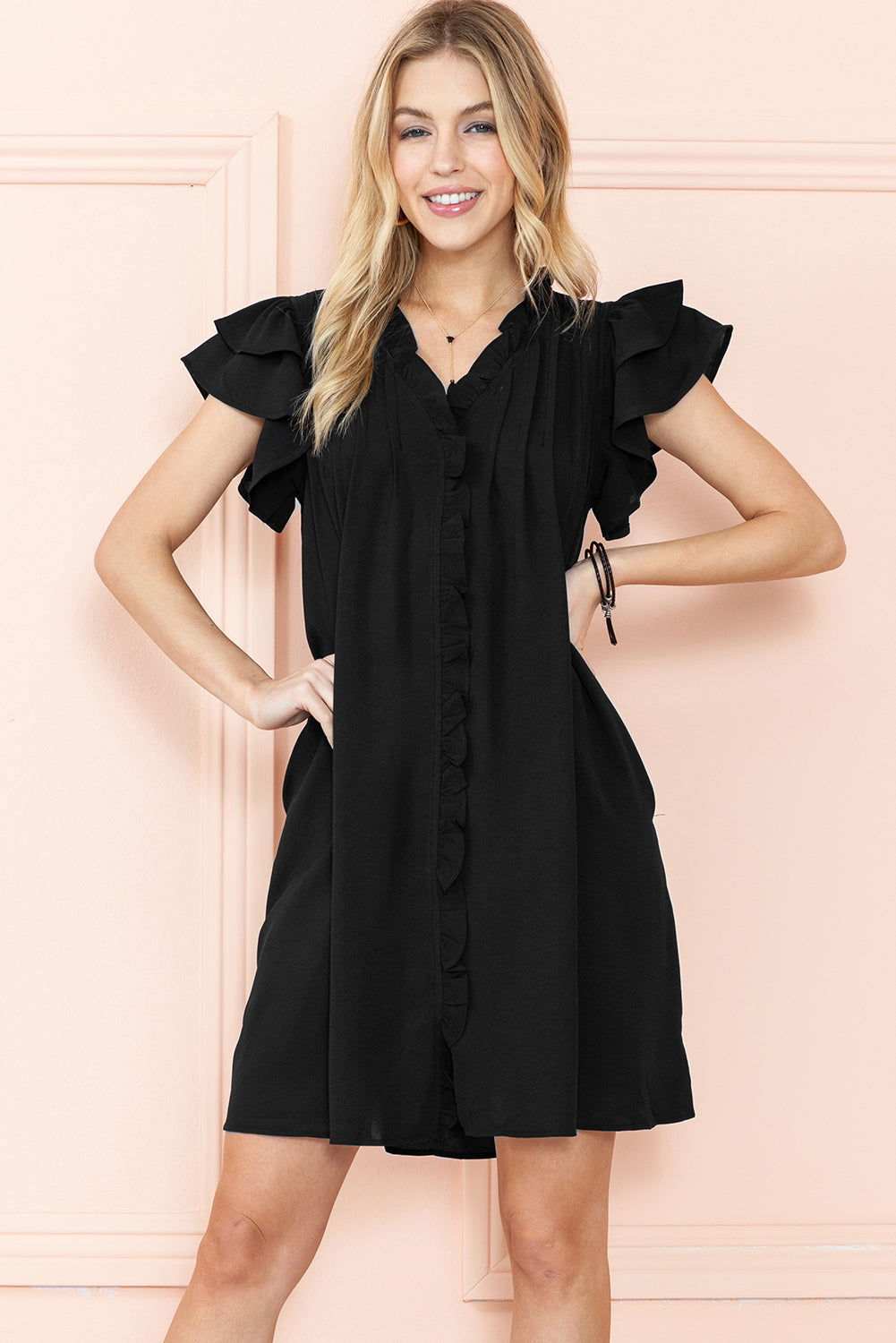 Black Ruffle Sleeve V Neck Frilled Shift Dress - Cute Sexy Chic Style - Vesteeto