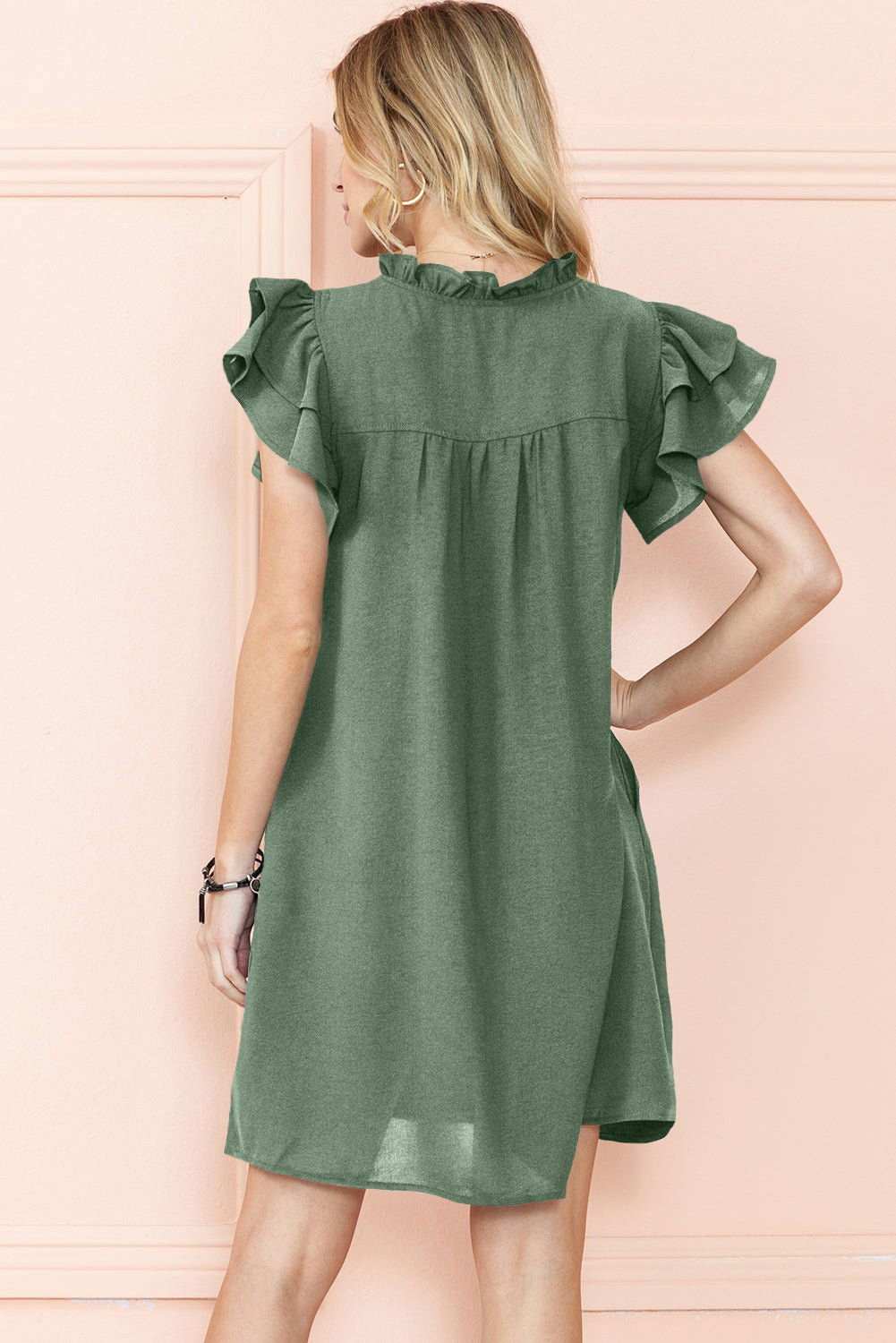 Black Ruffle Sleeve V Neck Frilled Shift Dress - Cute Sexy Chic Style - Vesteeto