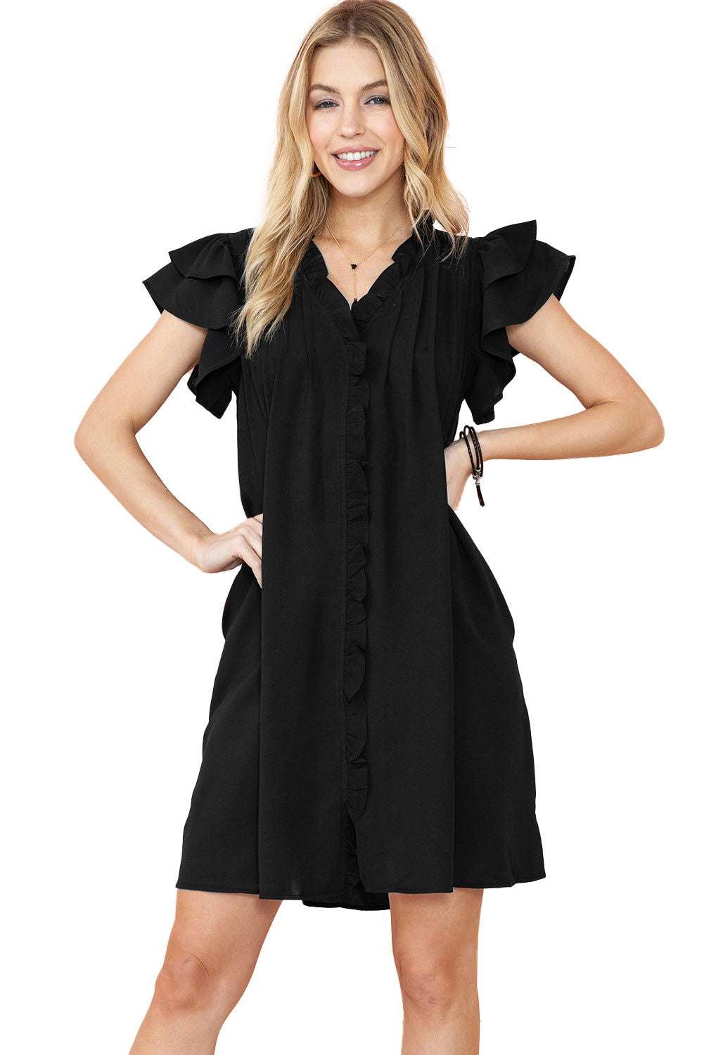 Black Ruffle Sleeve V Neck Frilled Shift Dress - Cute Sexy Chic Style - Vesteeto