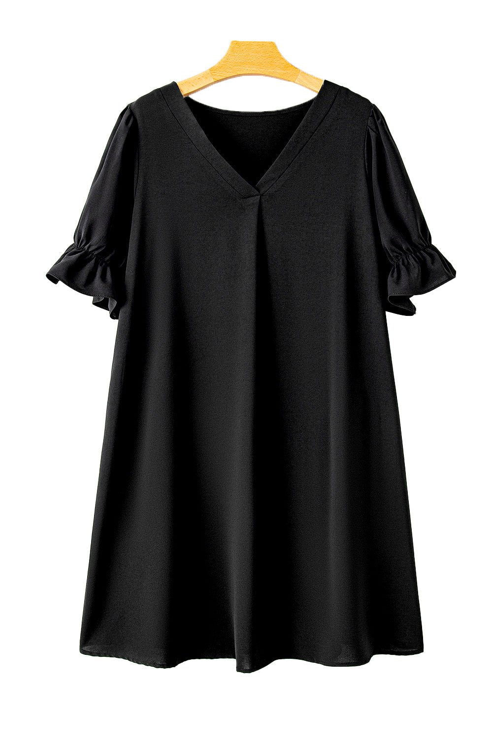 Black Ruffled Puff Sleeve V Neck Plus Size Mini Dress - Vesteeto