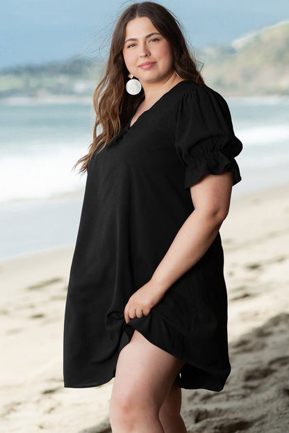 Black Ruffled Puff Sleeve V Neck Plus Size Mini Dress - Vesteeto