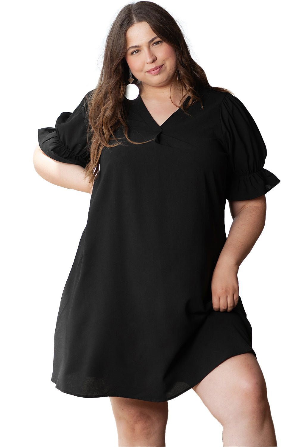 Black Ruffled Puff Sleeve V Neck Plus Size Mini Dress - Vesteeto