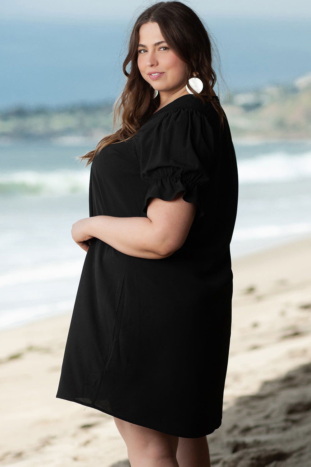 Black Ruffled Puff Sleeve V Neck Plus Size Mini Dress - Vesteeto