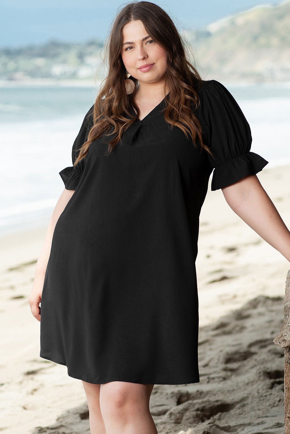 Black Ruffled Puff Sleeve V Neck Plus Size Mini Dress - Vesteeto